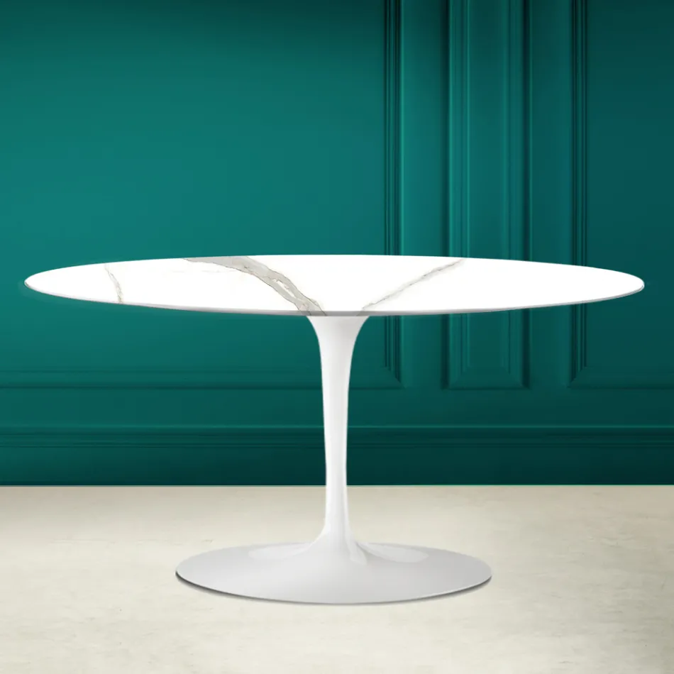 Tulip Saarinen Oval Coffee Table H 41 in Calacatta Michelangelo Made in Italy - Scarlet Viadurini