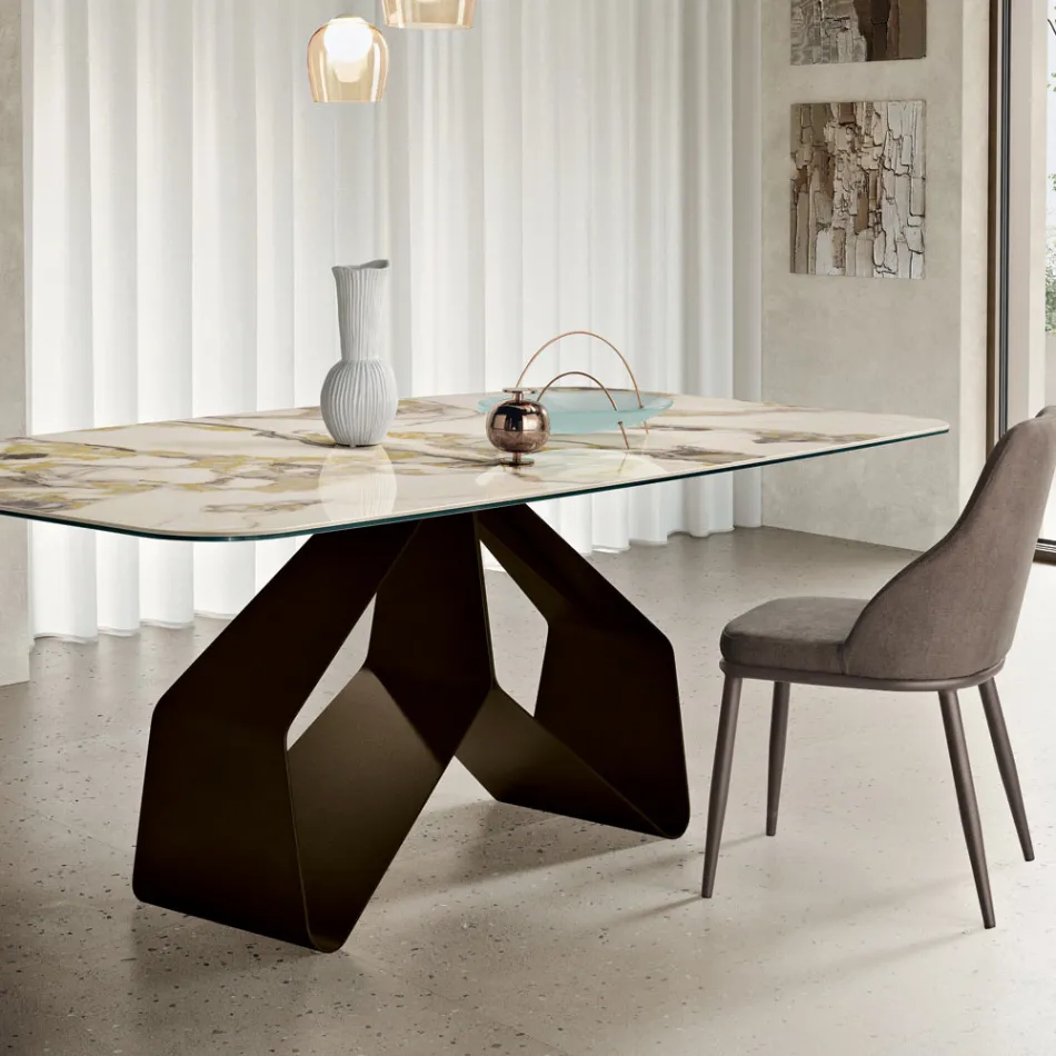 210x110 cm Table with Marble-Effect Ceramic Top and Metal Base - Adriano Viadurini