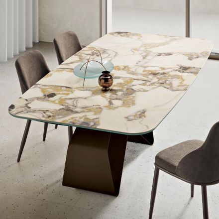 210x110 cm Table with Marble-Effect Ceramic Top and Metal Base - Adriano Viadurini