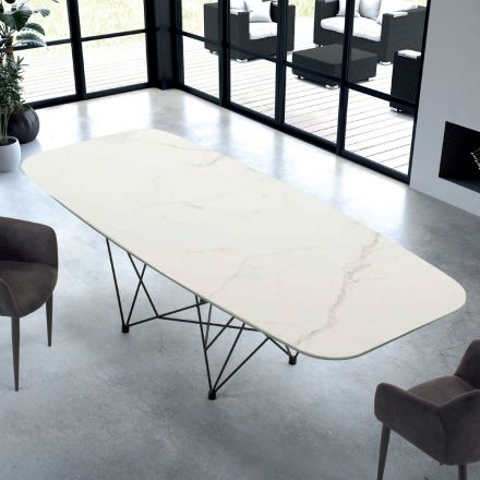Modern Barrel-Shaped Table in Hypermarble and Steel Made in Italy – Ezzellino Viadurini