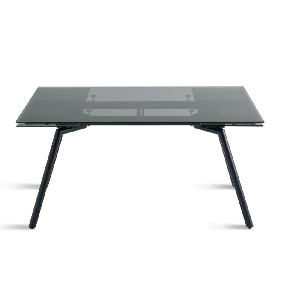 Extendable Table 160/240x91 cm in Smoked Glass and Black Metal Base - Column Viadurini
