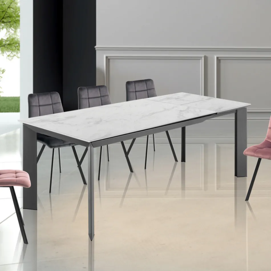 Extendable table to 220 cm in ceramic with marble finish - Berice Viadurini