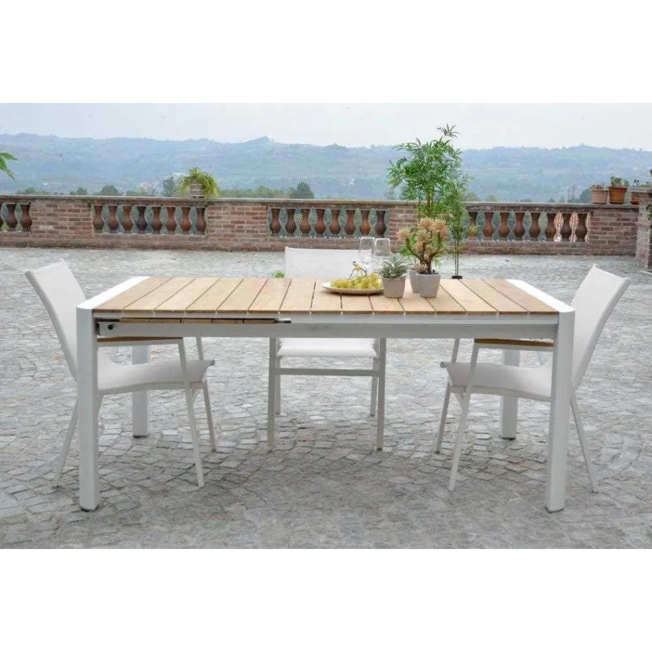 Extendable Table 240 cm in White Aluminum and Teak Top - Diary Viadurini