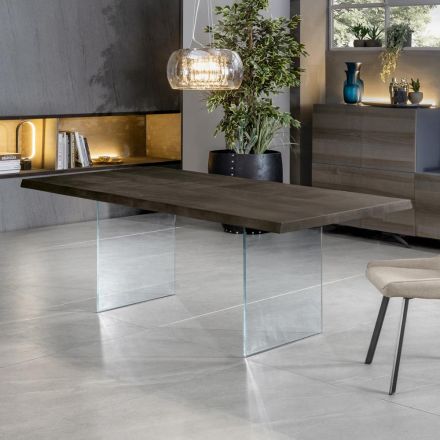 Extendable table to 300 cm in oak and tempered glass base - Nicoall Viadurini