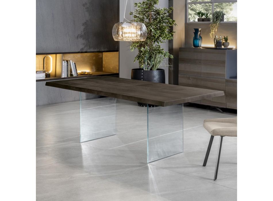 Extendable table to 300 cm in oak and tempered glass base - Nicoall Viadurini