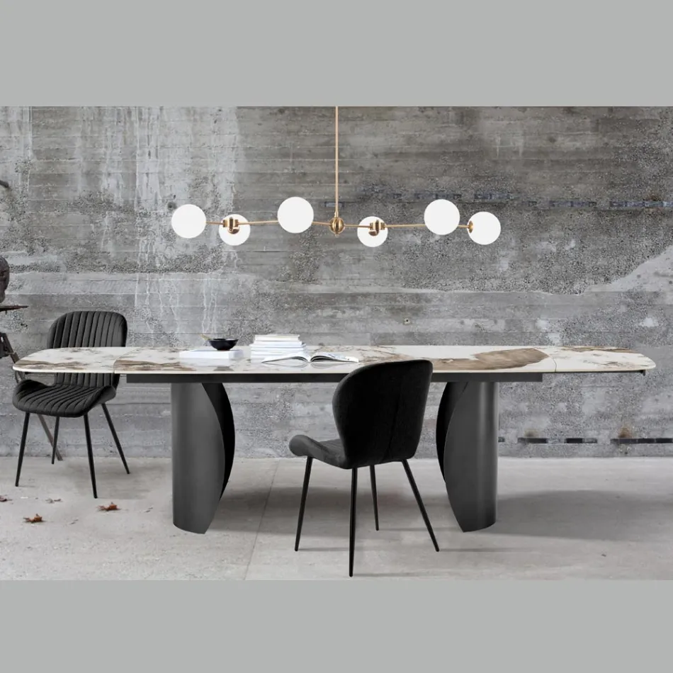Extendable Table with Metal Base and Ceramic Top in Marble Finish - Lombo  Viadurini