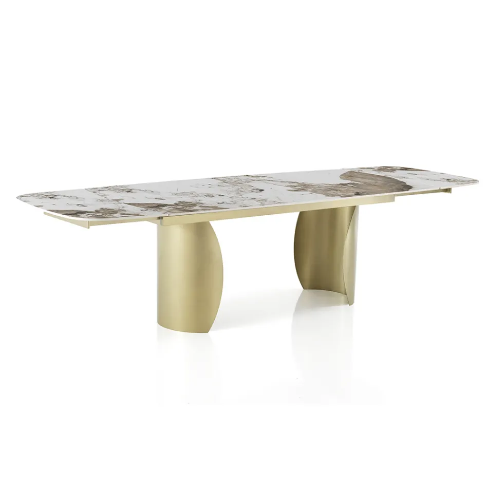 Extendable Table with Metal Base and Ceramic Top in Marble Finish - Lombo  Viadurini