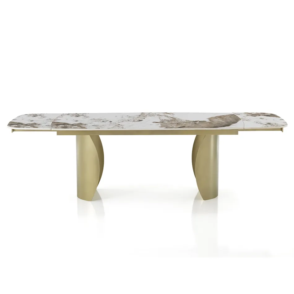 Extendable Table with Metal Base and Ceramic Top in Marble Finish - Lombo  Viadurini