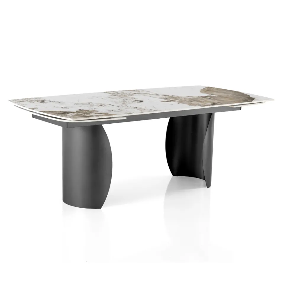 Extendable Table with Metal Base and Ceramic Top in Marble Finish - Lombo  Viadurini
