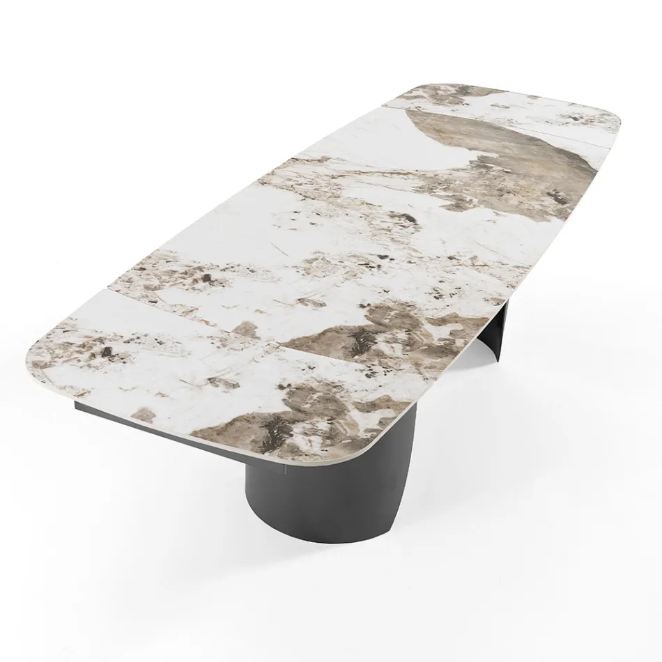 Extendable Table with Metal Base and Ceramic Top in Marble Finish - Lombo  Viadurini