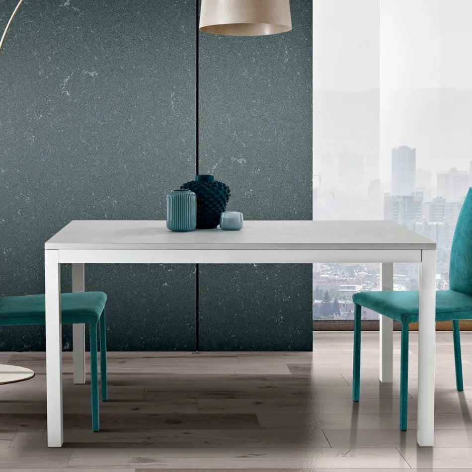 Extendable Table with White Metal Legs and Melamine Top - Shaila Viadurini