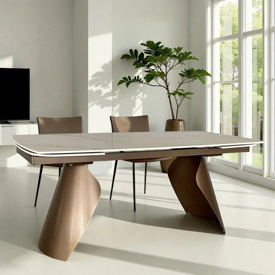 Extendable table from 180 to 260 cm in Sintered Stone Stoneware with Calacatta finish - Vortex Viadurini