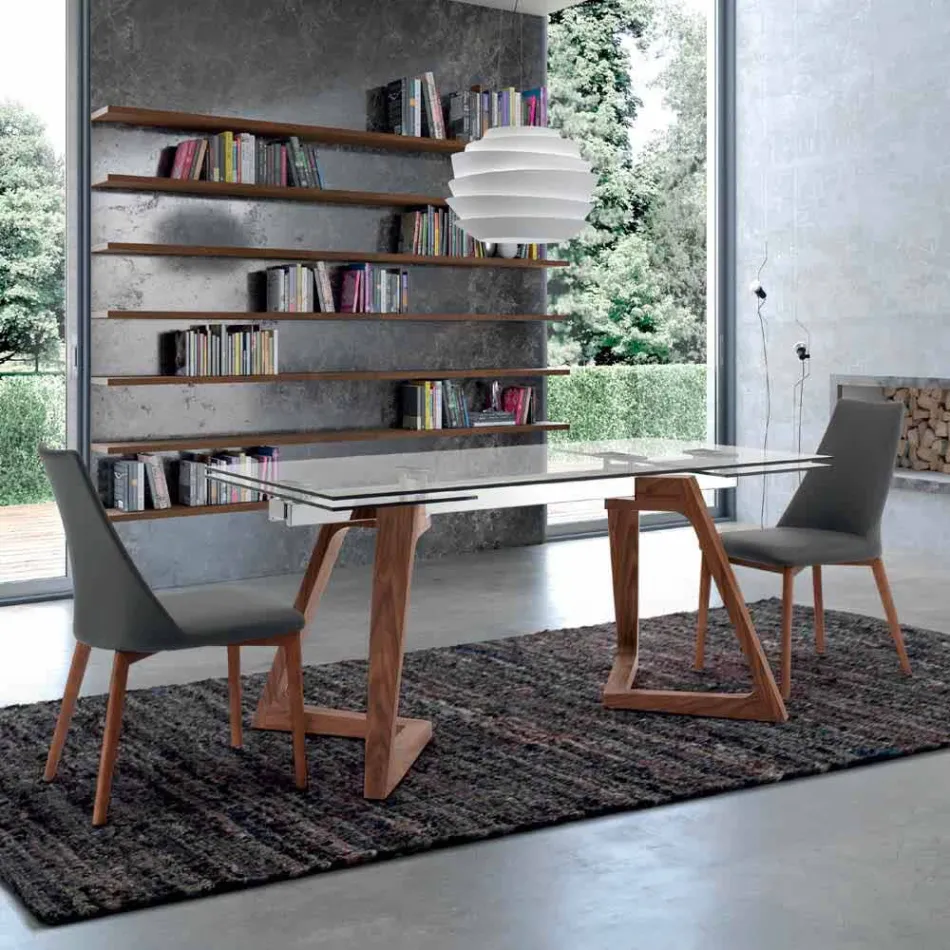 Extendable Table up to 280 cm in Glass and Veneered Wood – Eugrafo Viadurini