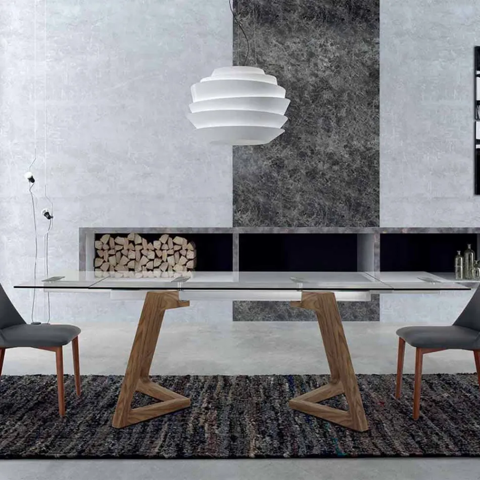 Extendable Table up to 280 cm in Glass and Veneered Wood – Eugrafo Viadurini