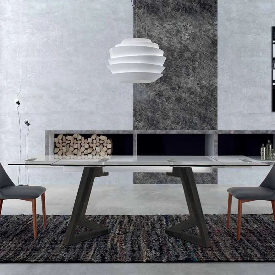 Extendable Table up to 280 cm in Glass and Veneered Wood – Eugrafo Viadurini