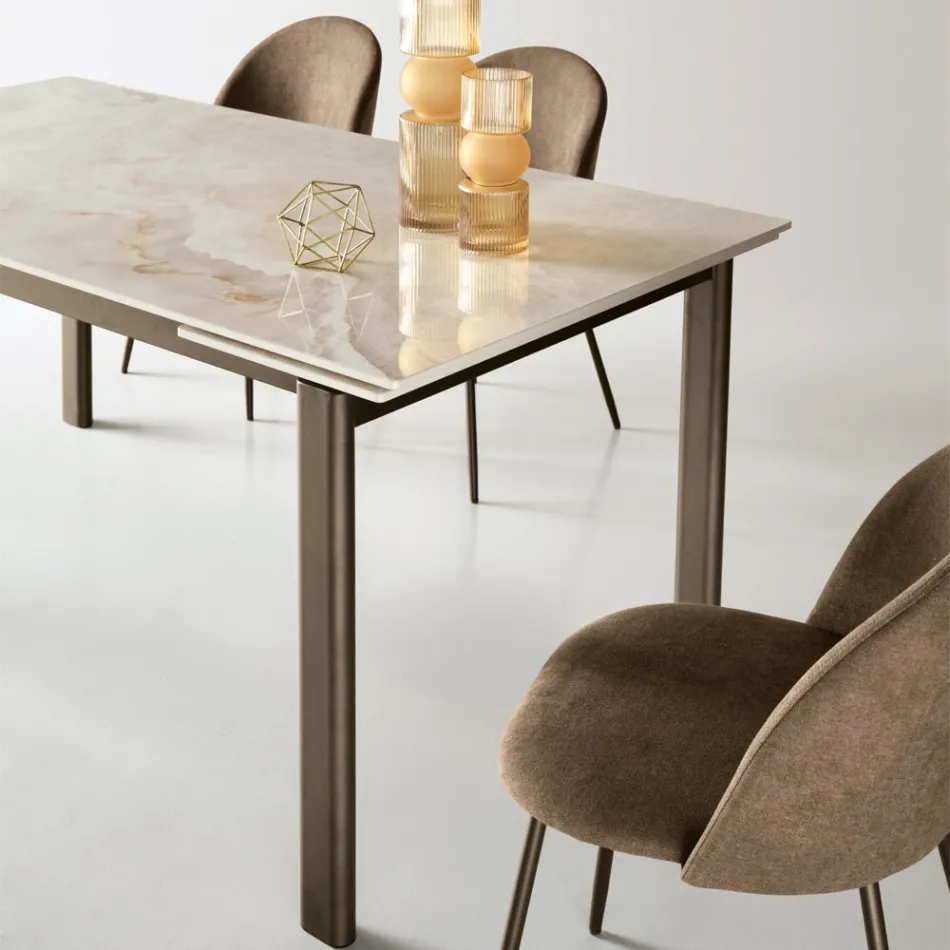 Extendable Table in Two Sizes in Metal and Marble-Effect Stone - Morfeo Viadurini