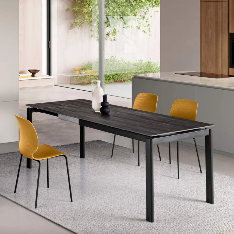 Extendable Table in Two Sizes in Metal and Marble-Effect Stone - Morfeo Viadurini