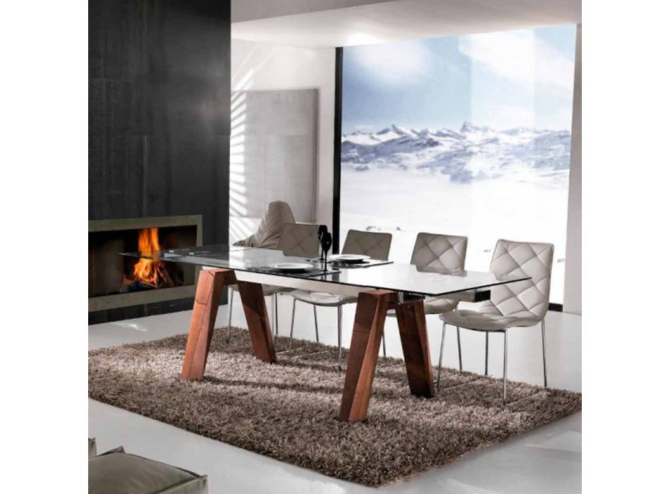 Extendable table in solid wood and Chad tempered glass Viadurini