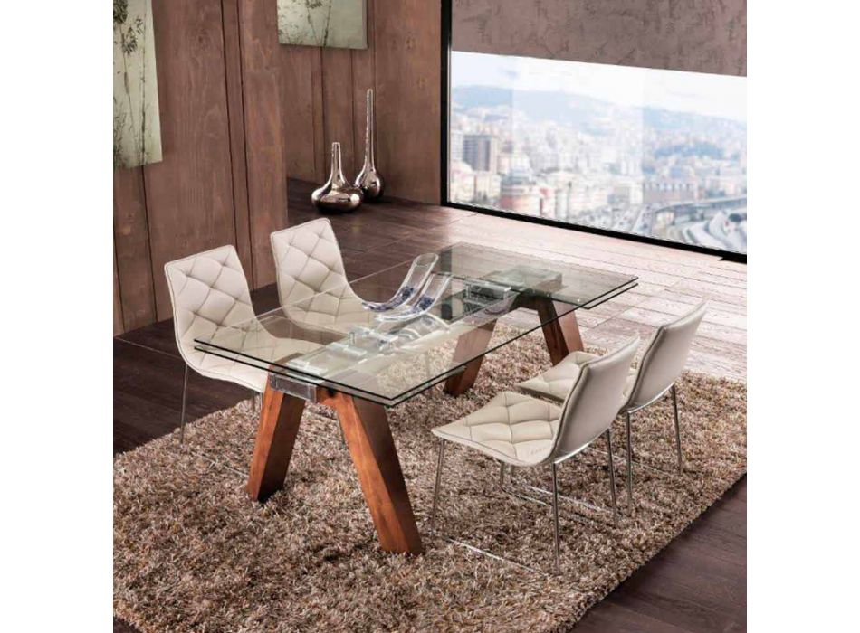 Extendable table in solid wood and Chad tempered glass Viadurini