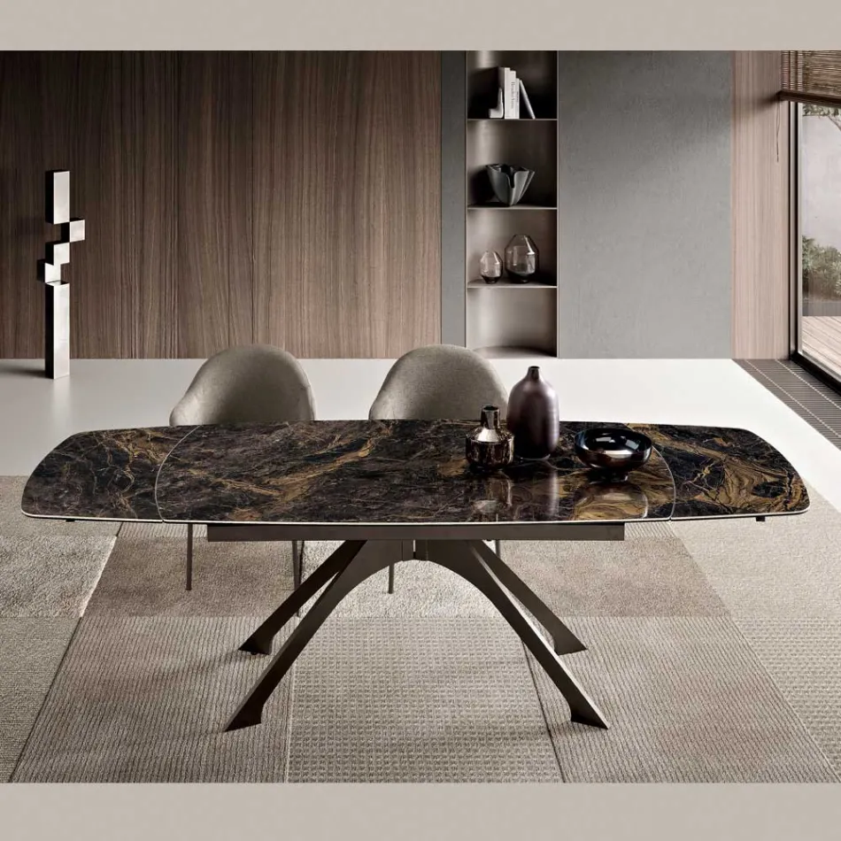 Extendable Metal Table with Marble-Effect Porcelain Stoneware Top - Vittorio Viadurini