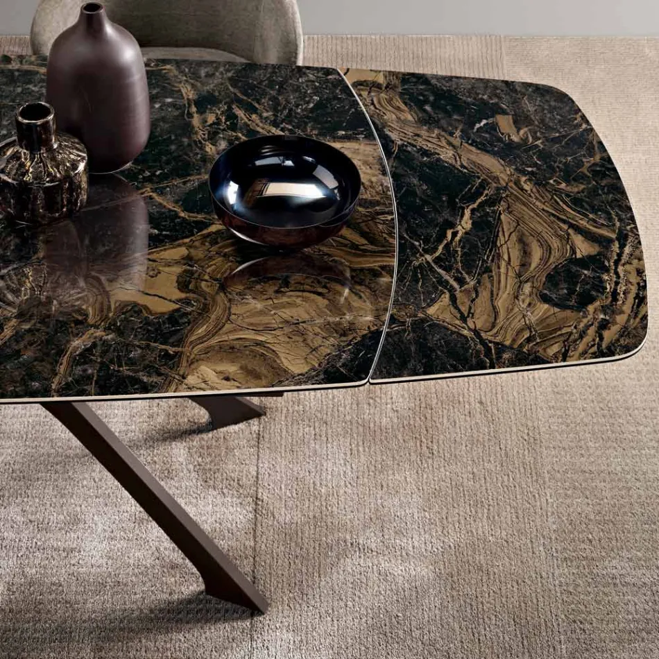 Extendable Metal Table with Marble-Effect Porcelain Stoneware Top - Vittorio Viadurini