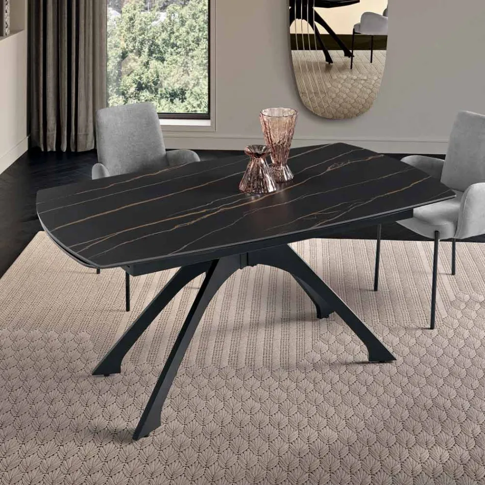 Extendable Metal Table with Marble-Effect Porcelain Stoneware Top - Vittorio Viadurini