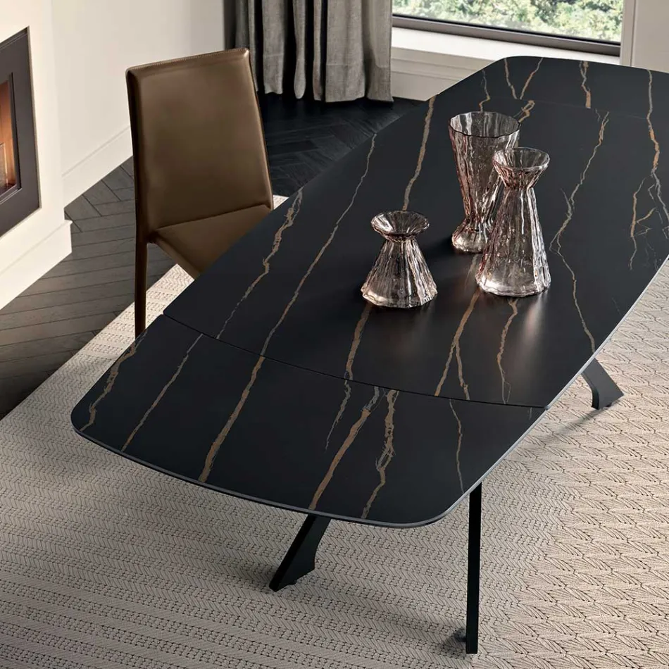 Extendable Metal Table with Marble-Effect Porcelain Stoneware Top - Vittorio Viadurini