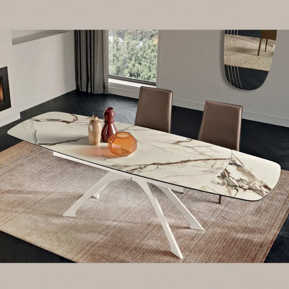 Extendable Metal Table with Marble-Effect Porcelain Stoneware Top - Vittorio Viadurini