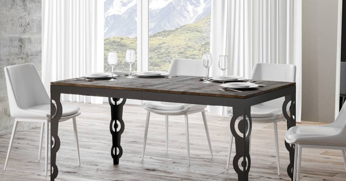 Extendable table in melamine-faced wood and iron