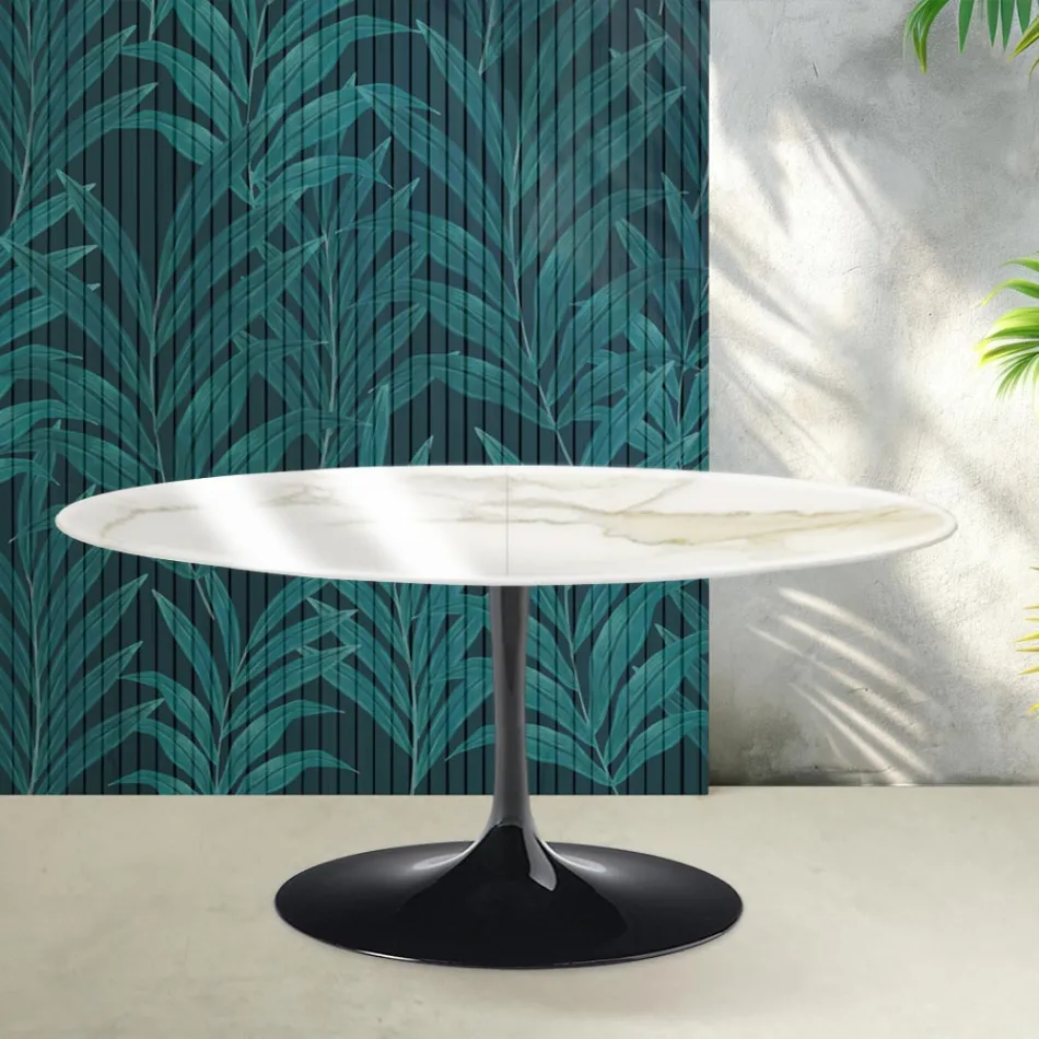 Saarinen Tulip Extendable Table H 74 cm in Florim Calacatta Gold Gloss Ceramic - Scarlet Viadurini