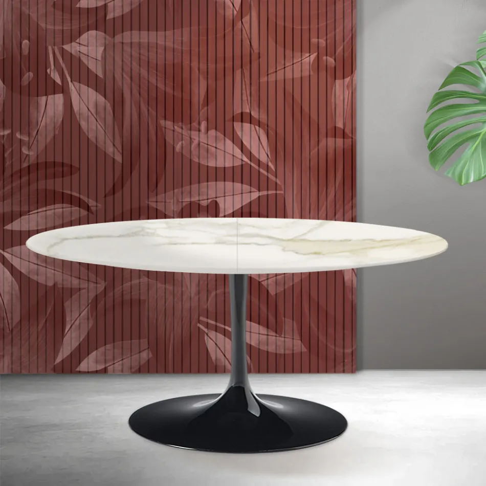 Saarinen Tulip Extendable Table H 74 cm in Florim Calacatta Gold Matt Ceramic - Scarlet Viadurini