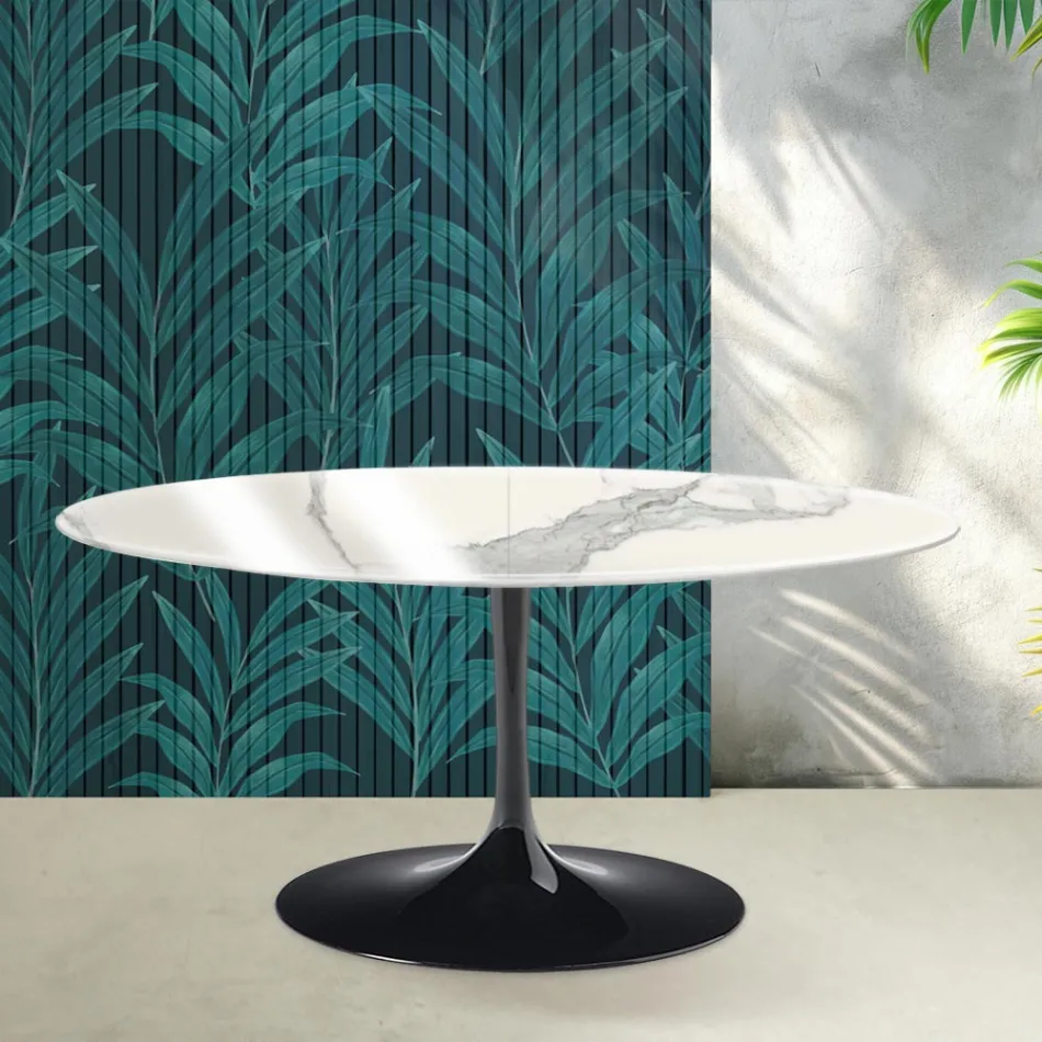 Saarinen Tulip Extendable Table H 74 cm in Glossy Statuario Florim Ceramic - Scarlet Viadurini