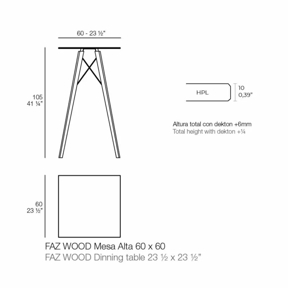 Square Design High Bar Table in Wood and Hpl, 4 Pieces - Faz Wood by Vondom Viadurini