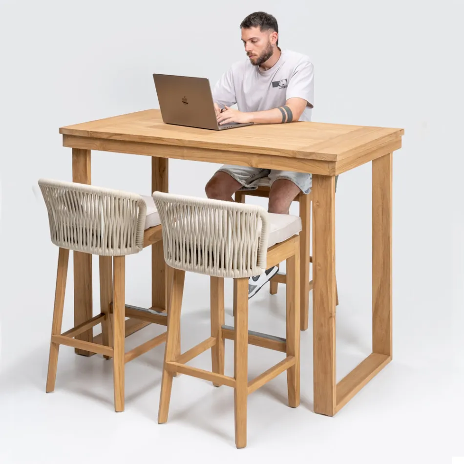 High Bar Table Made of Brushed Natural Teak - Sponda Viadurini
