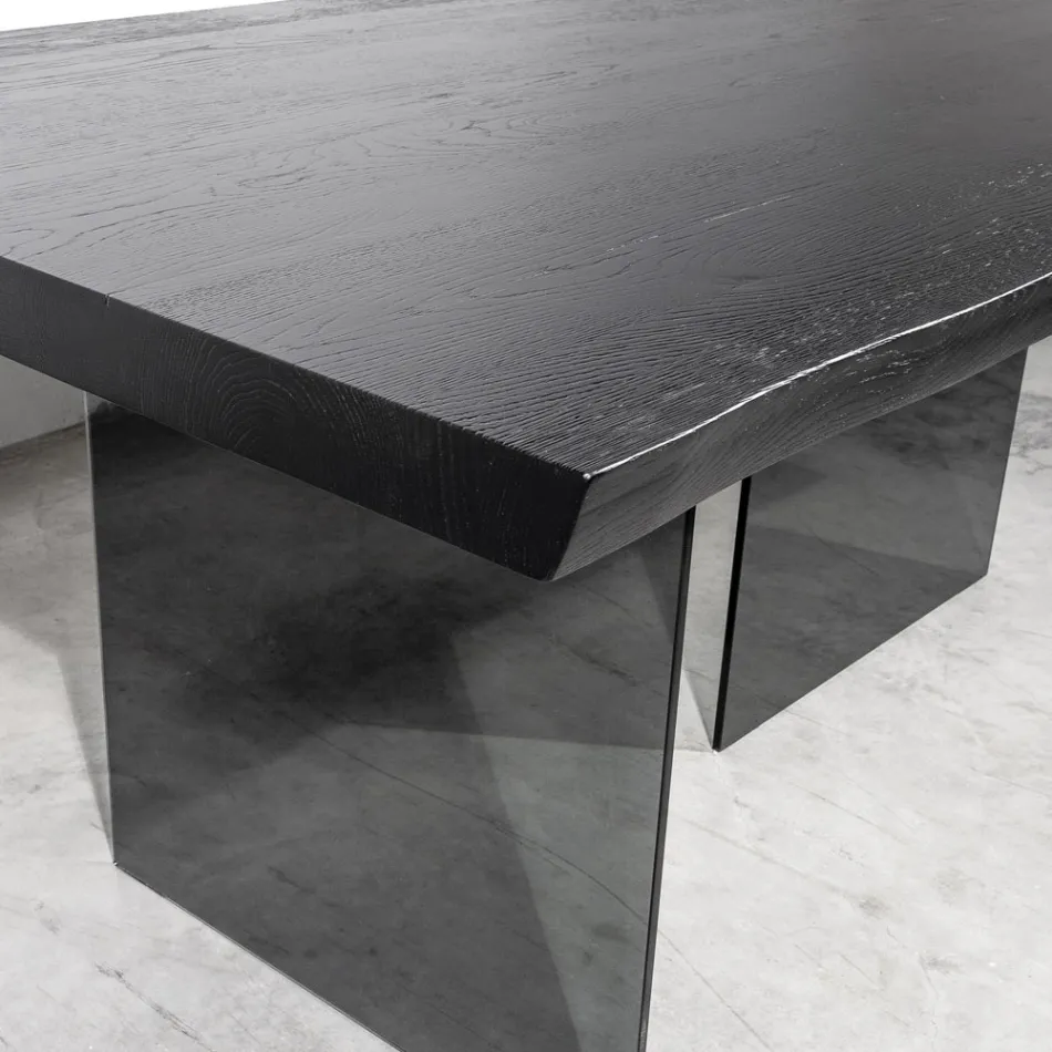 Table with Plated Top in Solid Oak and Base in Crystal Made in Italy - Noelia Viadurini