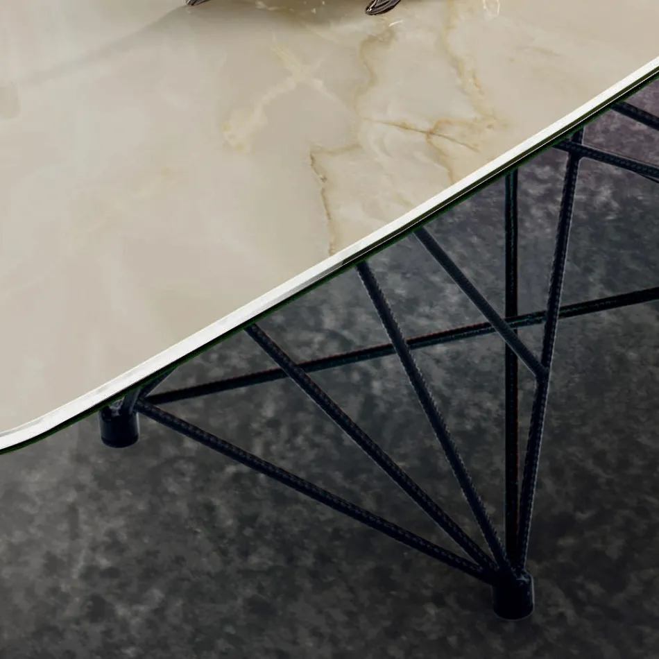 Table with barrel-shaped ceramic top and steel base Made in Italy - Ezzellino Viadurini