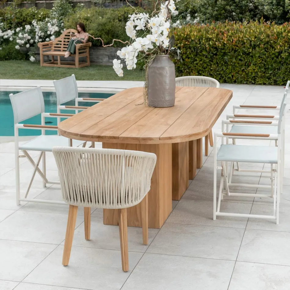 Table with Brushed Teak Top and Rounded Corners - Destination Viadurini