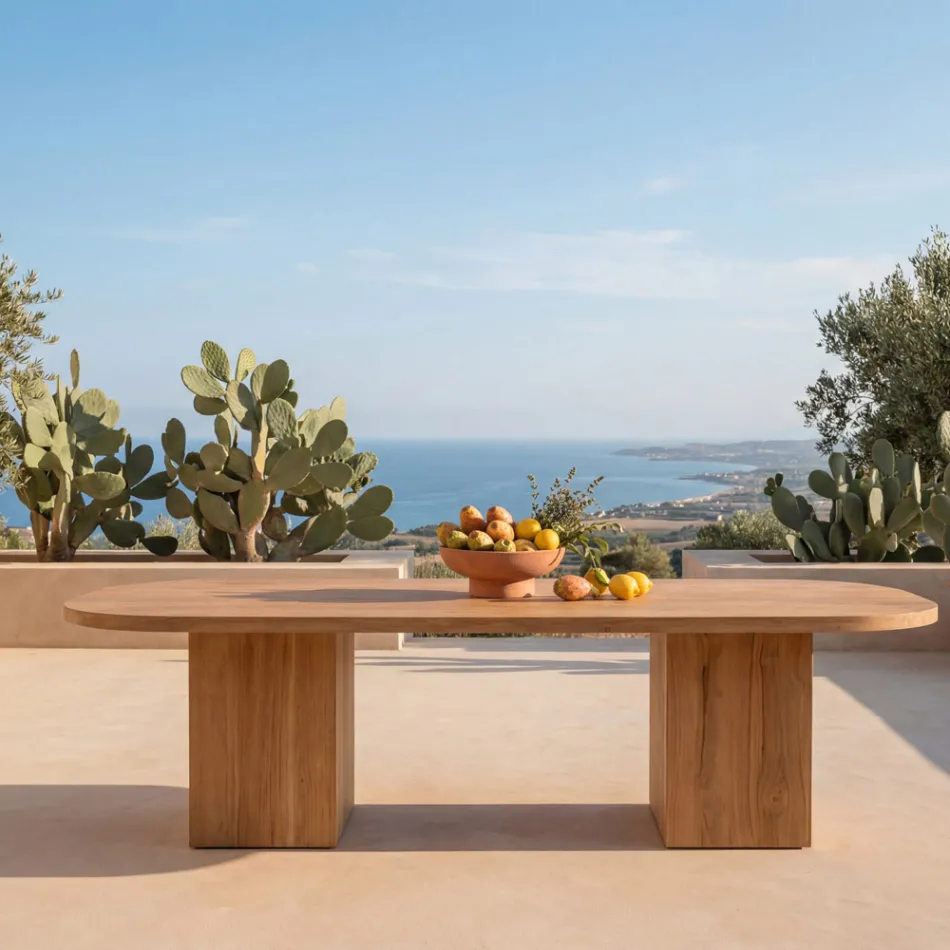 Table with Brushed Teak Top and Rounded Corners - Destination Viadurini
