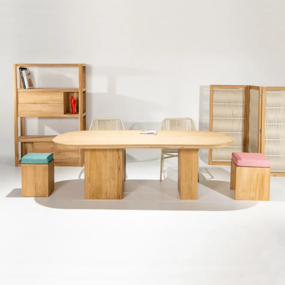 Table with Brushed Teak Top and Rounded Corners - Destination Viadurini