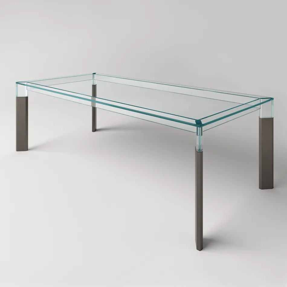 Kitchen Table in Extra-clear Glass with Wooden Legs Made in Italy - Super Viadurini