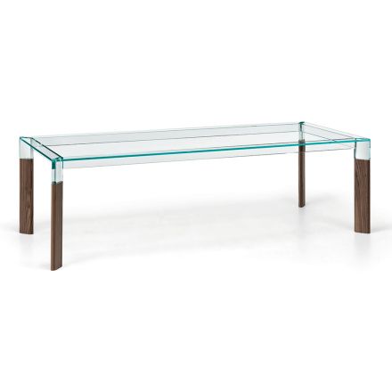 Kitchen Table in Extra-clear Glass with Wooden Legs Made in Italy - Super Viadurini