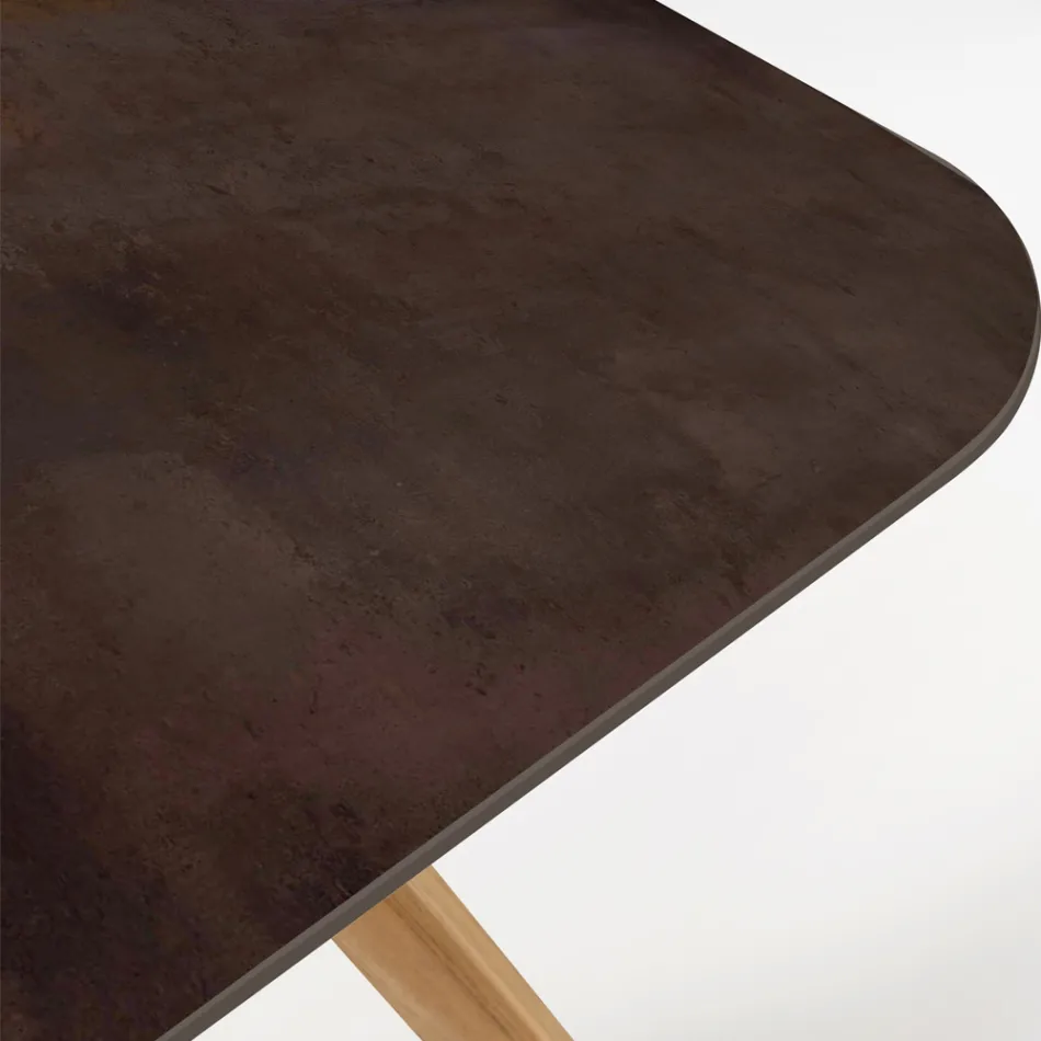 Outdoor Table with Wooden Base and Metal Corten Ceramic Top - Infinity Viadurini