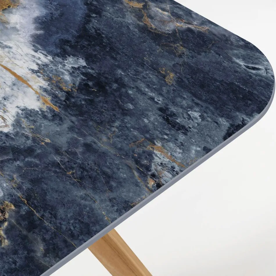 Outdoor Table with Wooden Base and Ocean Blue Ceramic Top - Infinity Viadurini