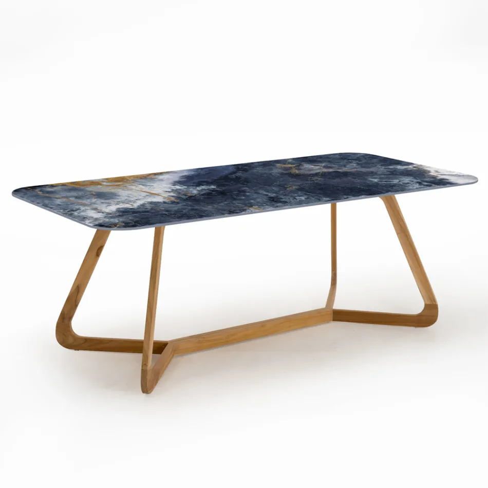 Outdoor Table with Wooden Base and Ocean Blue Ceramic Top - Infinity Viadurini