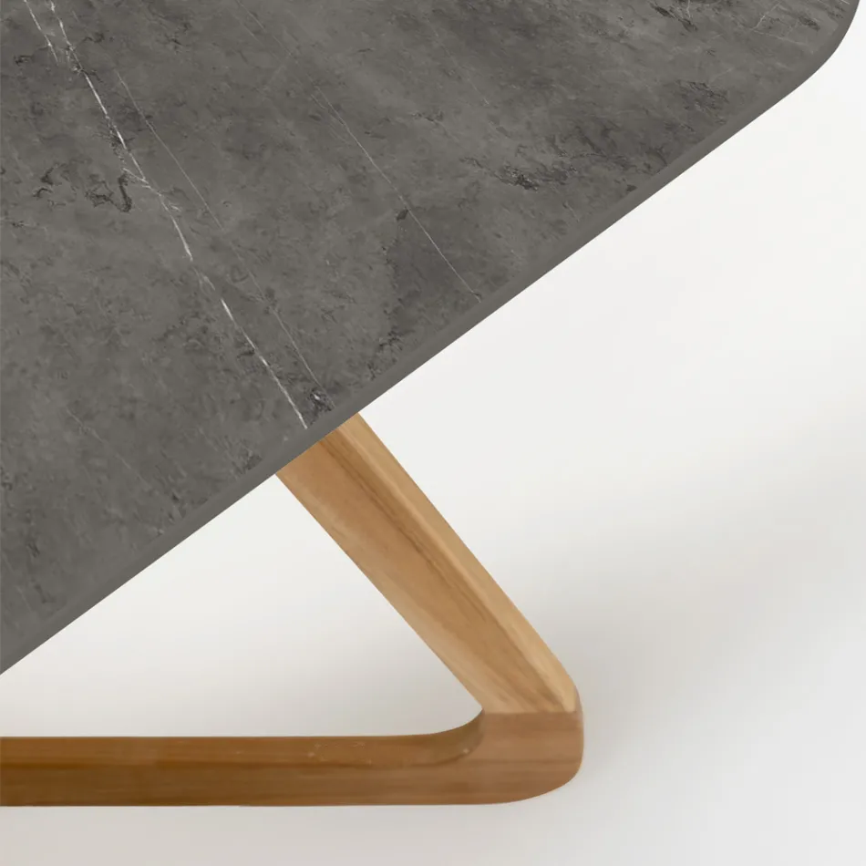 Outdoor Table with Wooden Base and Gray Stone Ceramic Top - Infinity Viadurini