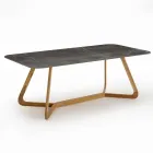 Outdoor Table with Wooden Base and Gray Stone Ceramic Top - Infinity Viadurini