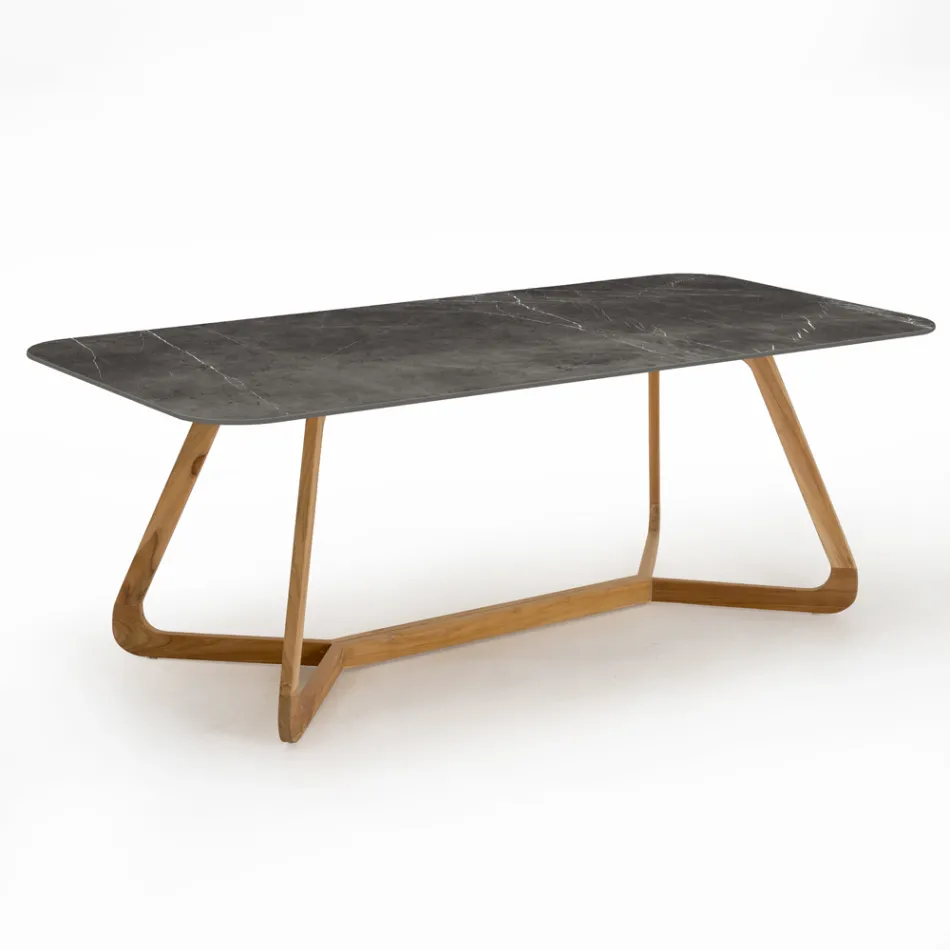 Outdoor Table with Wooden Base and Gray Stone Ceramic Top - Infinity Viadurini
