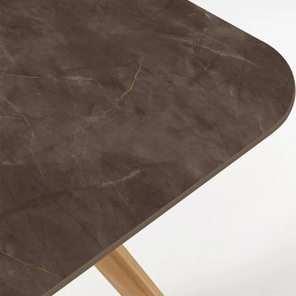 Outdoor Table with Wooden Base and Pulpis Brown Ceramic Top - Infinity Viadurini