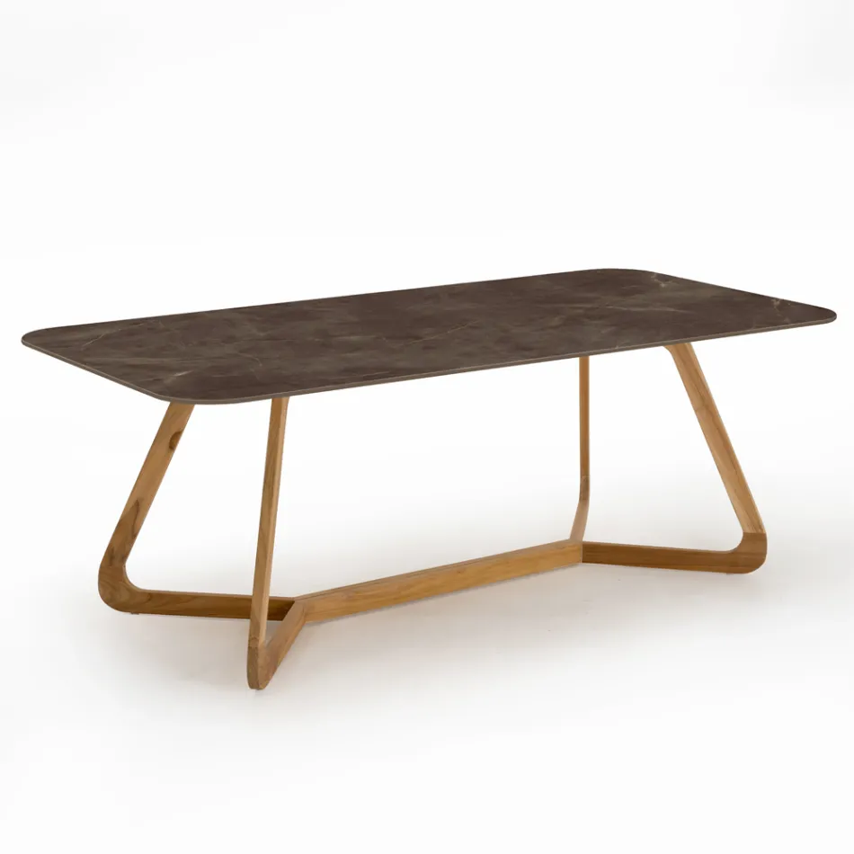 Outdoor Table with Wooden Base and Pulpis Brown Ceramic Top - Infinity Viadurini