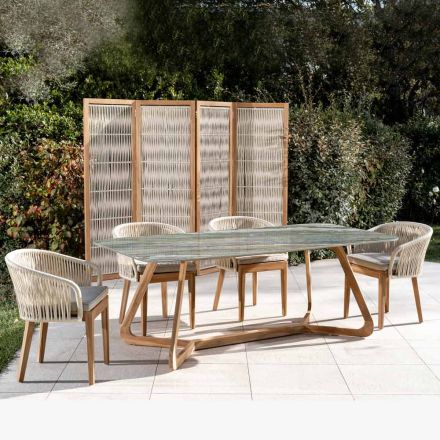 Outdoor Table with Wooden Base and Royal Peacock Ceramic Top - Infinity Viadurini